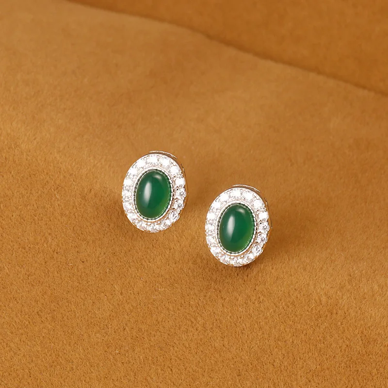 New Pure Silver Ear Nail Women's Oval Jade Chalcedony Sweet Romantic Fashion Jewelry Couple Holiday Gift