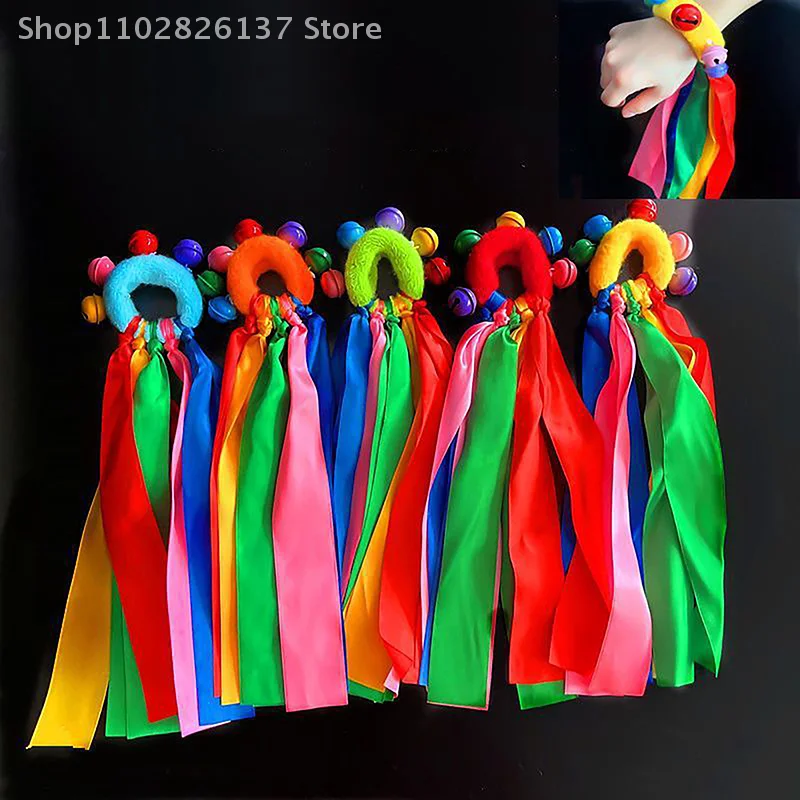 1pcs Kids' Wrist Ribbon Team Sports Pompon With Bell Coloured Ribbon Elastic Rope Cheerleading Match Club Dance Props Bracelet
