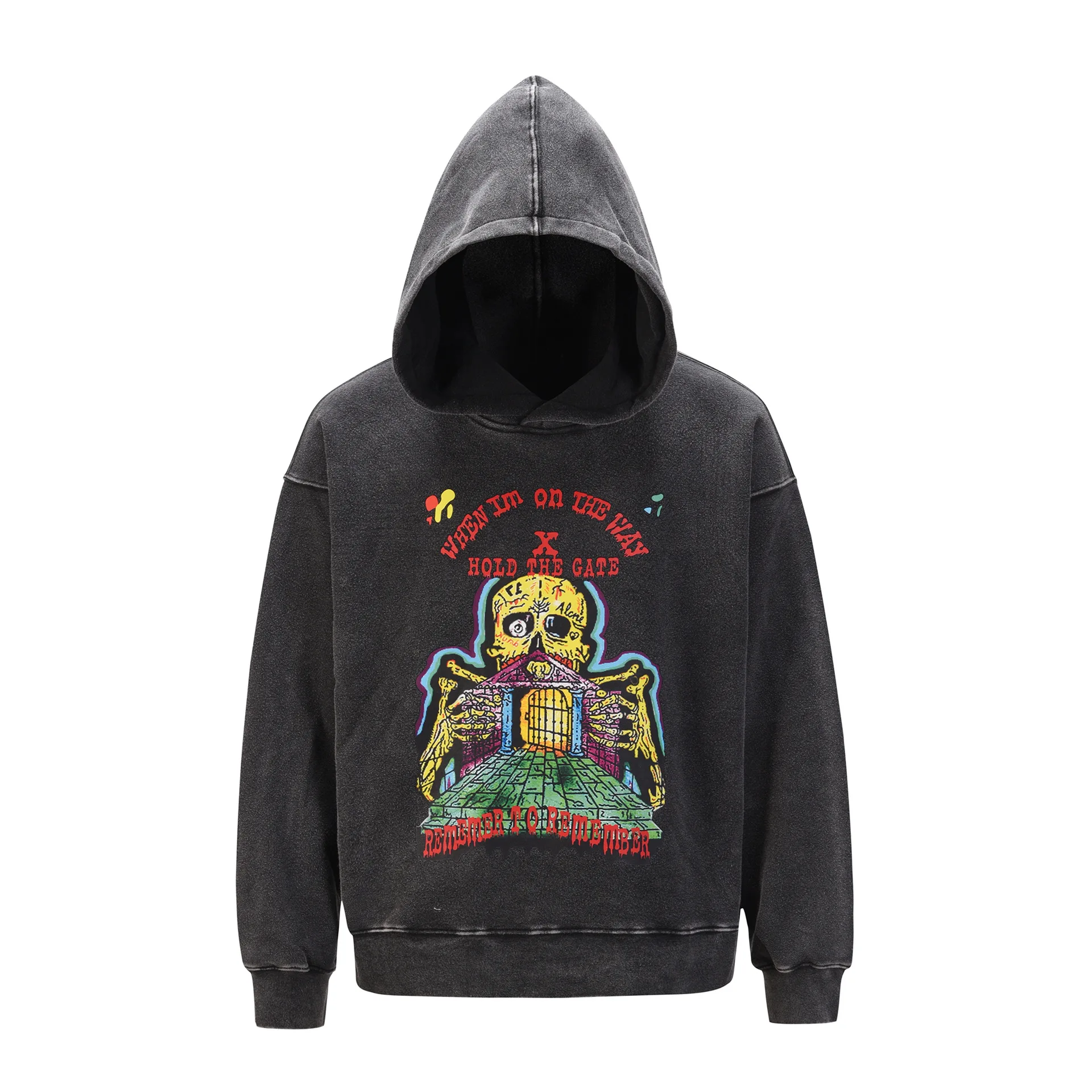 

Washed Black Kanye West Oversize Music Festival Hoodies Sanskrit Graffiti God Skull Hooded Hip Hop Sweater for Men Women Clothes