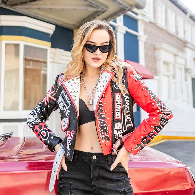 Punk Cropped Motorcycle Leather Jacket Women 2024 Trend Streetwear Graffiti Print Contrast Faux Leather Studded Jackets