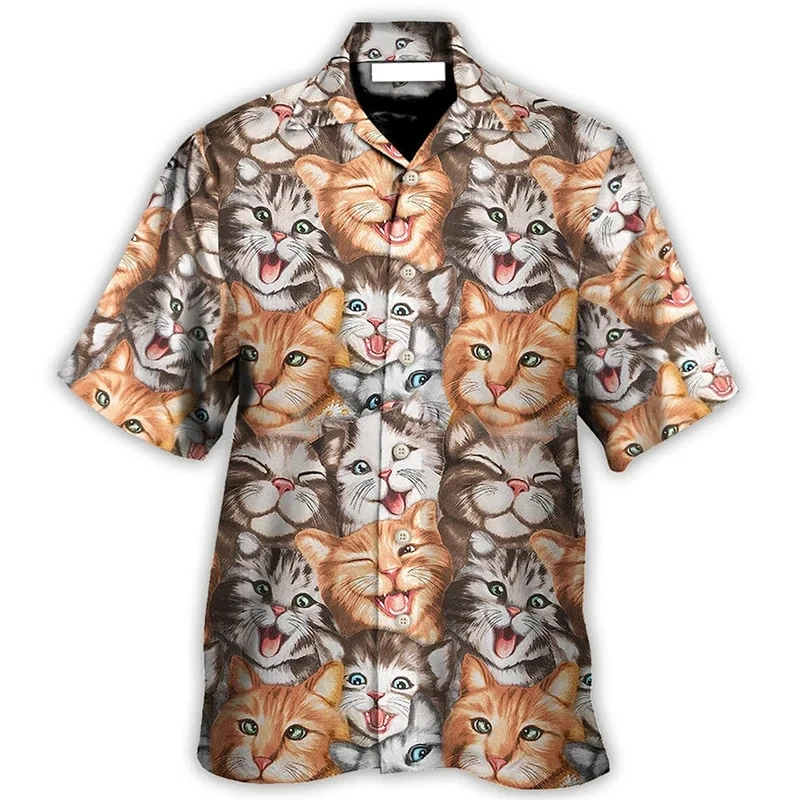 Camisetas con estampado 3D de gatos coloridos para hombre, camisetas casuales de manga corta con botones para vacaciones en la playa, camisetas de talla grande para hombre