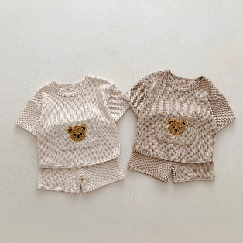 Soft Waffle Baby Clothing Set Bear Tee and Shorts