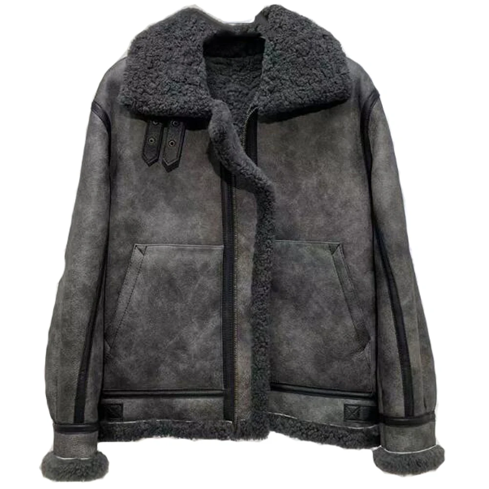 Denny&Dora Mens Shearling Bomber Jacket Grey Leather Jachet Real Fur Mens Coats willaert jachet messe et motets de criconstances