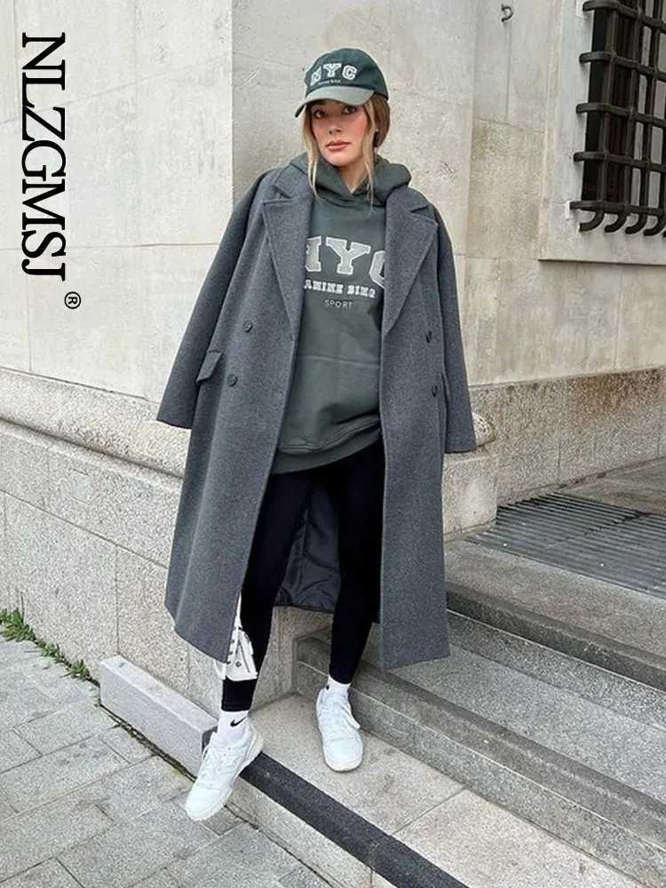 

Nlzgmsj TRAF Women 2023 Winter Gray Thick Woolen Coats With Button Loose Long Sleeves Pocket Ladies Elegant OverCoat 202310