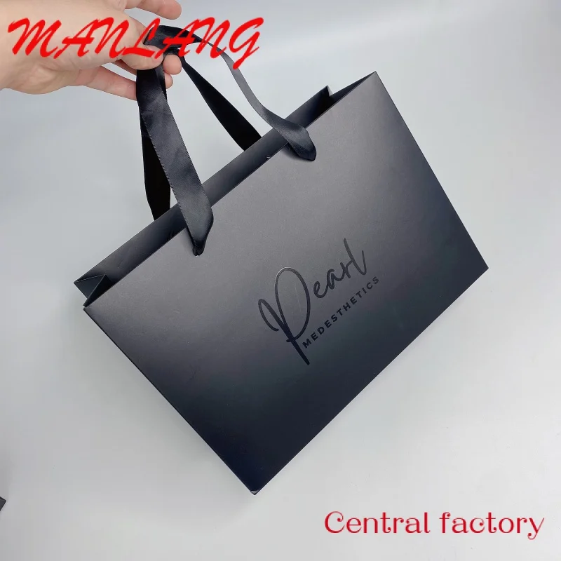 

Custom custom printed black luxury shopping gift paper bag with handle and bow ,luxury paper bags with your own logo