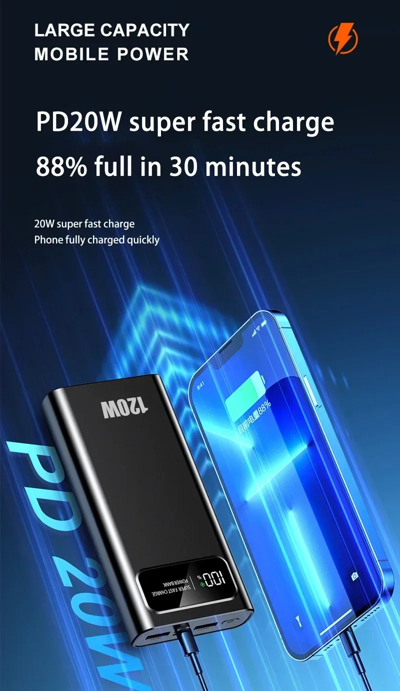 200000mAh Power Bank 120W Super Fast Charging Portable