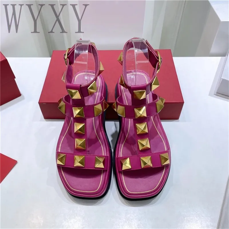 

Summer New Square Toe Thick Sole Fashion Real Leather Sandals Woman Rivet Decor Buckle Straps Casual Beach Flat Shoes Women 2023