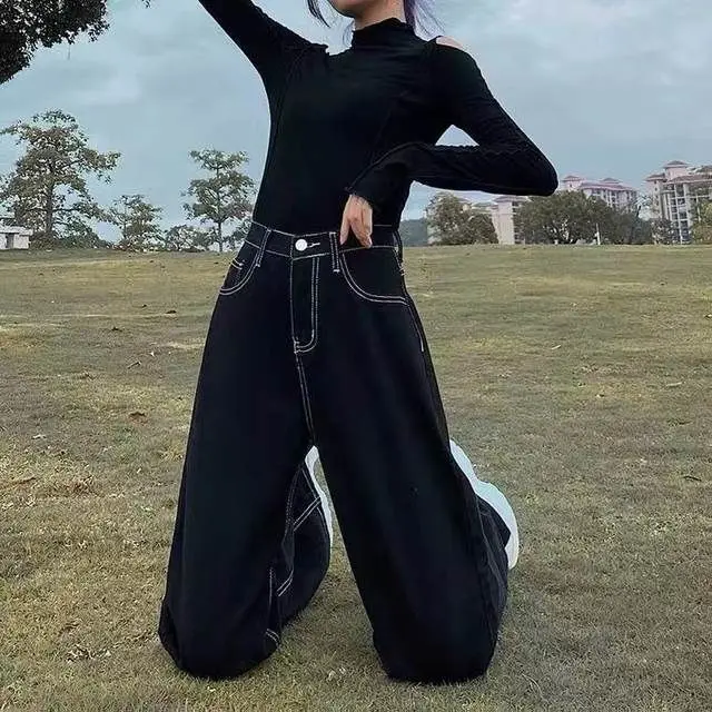 

Retro High Waist Black Jeans Female Korean Version Ins Loose And Thin Wide Leg Pants Youth Series Casual Straight Pants