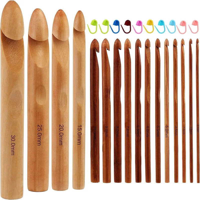 Description Picture 2 of item16Pcs Wooden Crochet Hooks 3 to 30mm in Diameters Handle Crochet Kit Knitting Needles with 10pcs Stitch Markers for Crochet DIY