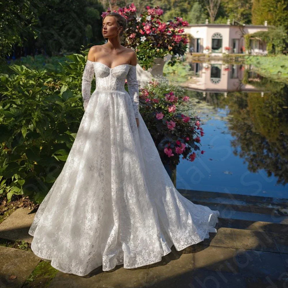 New Exquisite Wedding Dress Lace White Bridal Gowns Off Shoulder Long Sleeve Bride Dresses Sweetheart Wedding Gowns Corset Back main image 0