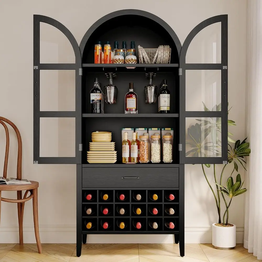 Tall Arched Wine Bar Cabinet with Storage, Bar Cabinet with Doors and Shelves, Liquor or Home, Kitchen Pantry or Dining
