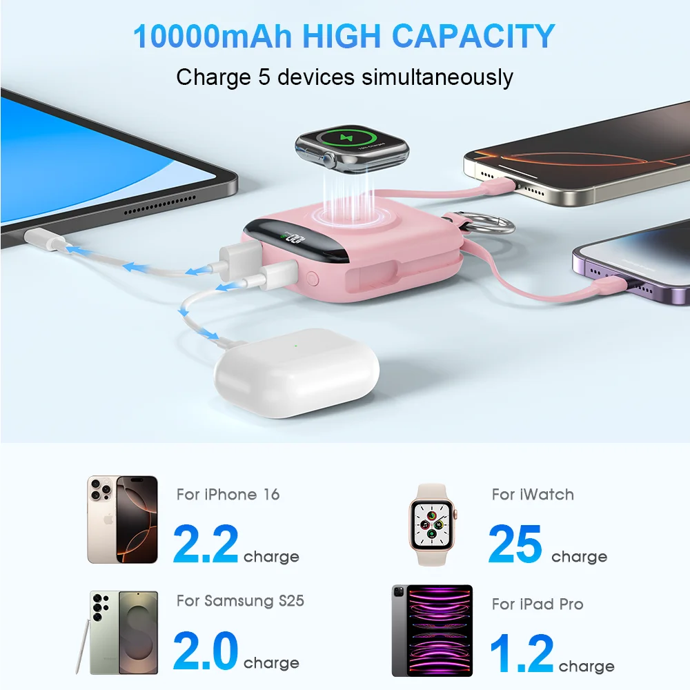 새로운 10000mAh 22.5W 고속 충전 보조 배터리 내장 케이블 포함, 4-in-1 휴대용 충전기 LED 디스플레이 및 키체인 포함 아이워치용
