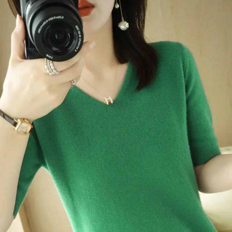 

New Knitted Wool Short Sleeve Women Pullover Slim Spring Summer T-shirts Y2k Top Vintage Coats Graphic T Shirt Korean Fashion