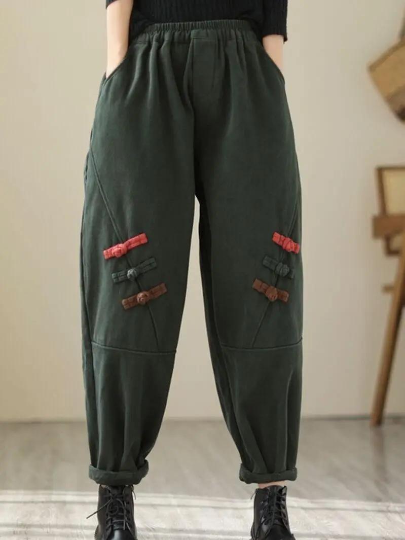 

Solid Color Casual Disc Buckle Harem Pants Women's Velvet Thickening 2022 New Autumn And Winter All-match Elastic Waist Trousers