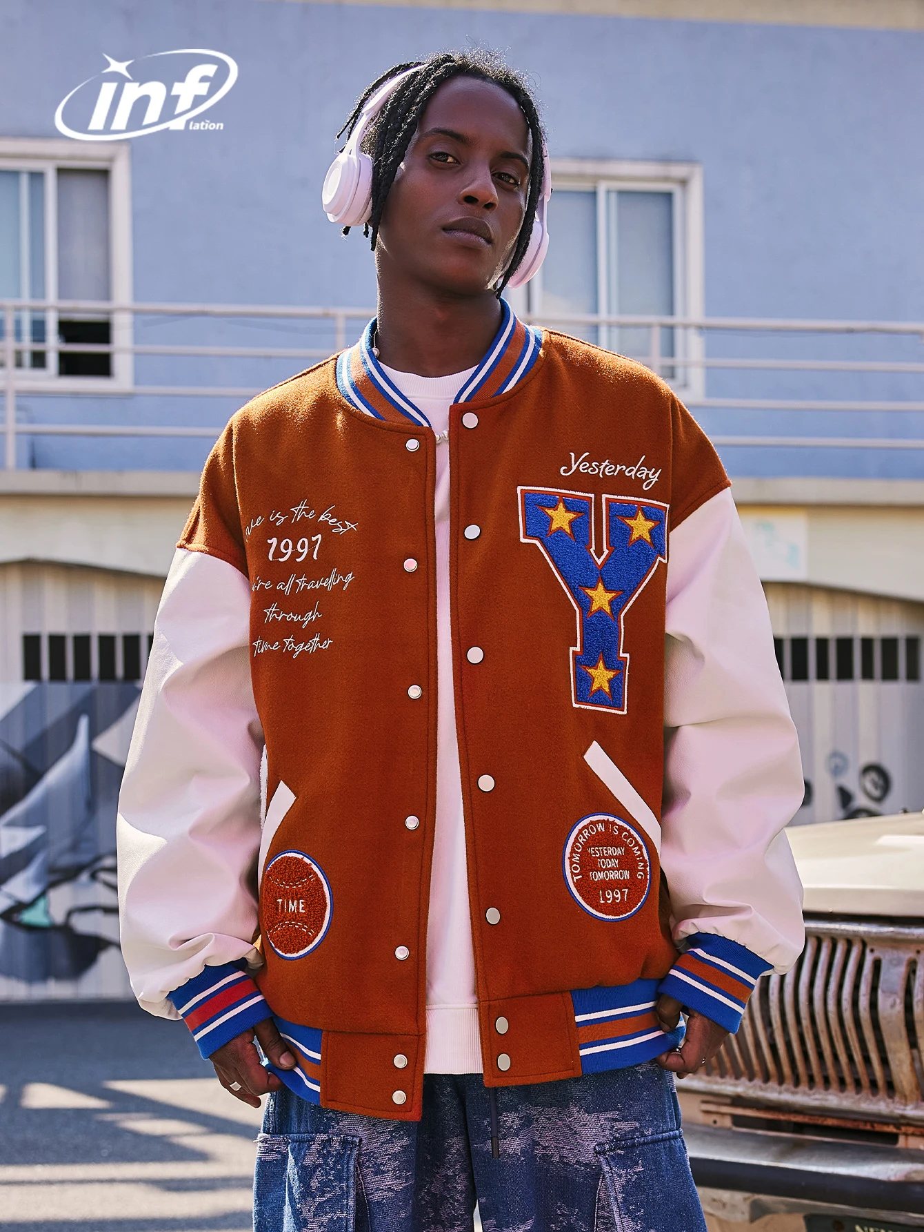 

INFLATION Leather Embroidery Patch Varsity Jacket Unisex Streetwear Oversized Bomber Coat Mens Baseball Jacket