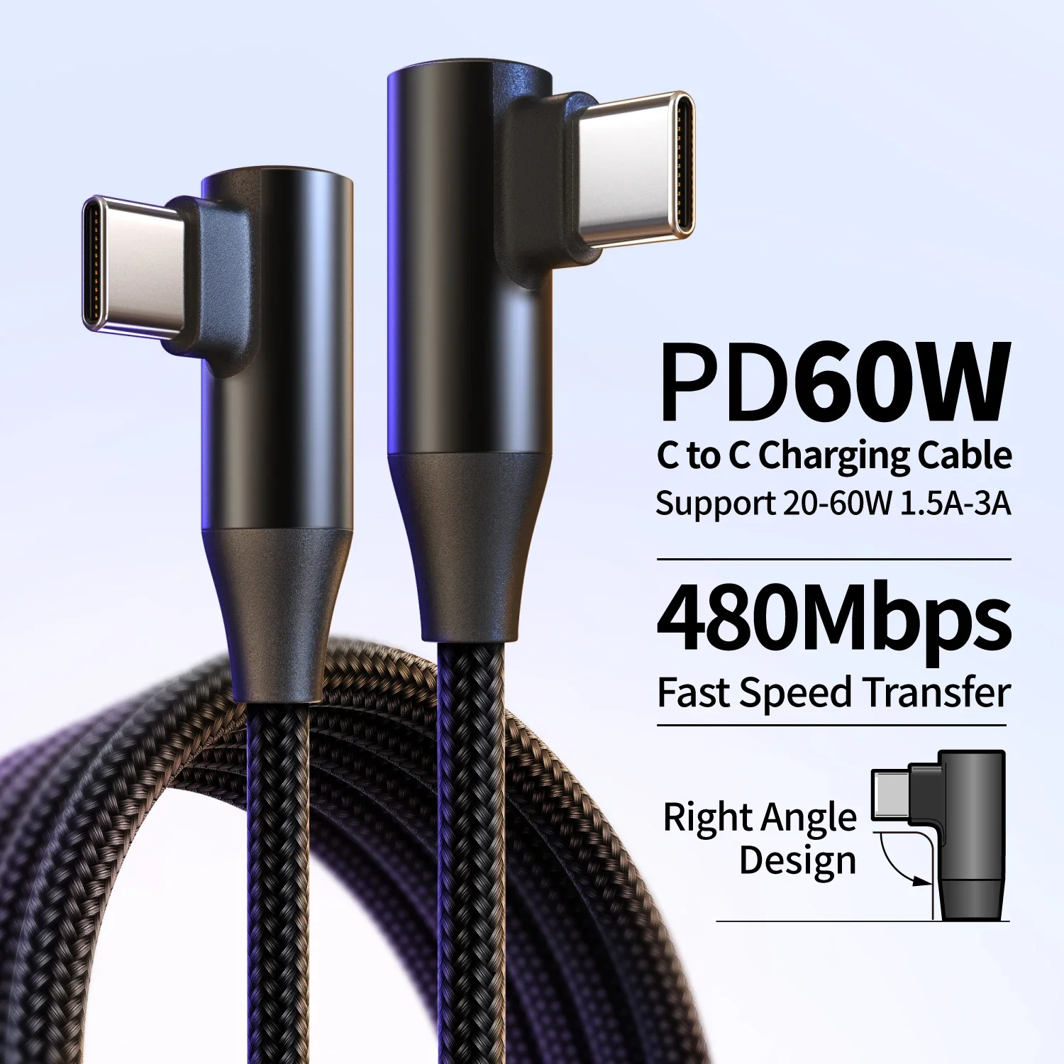 Ultra-Durable 60W USB-C Fast Charging Cable with 90° Angled Design, Nylon Braided, Multiple Length Options