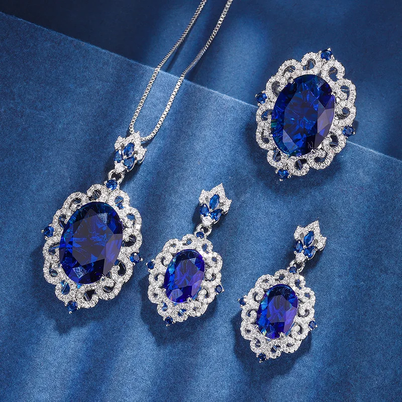 

Luxury Engagement Party Blue Emerald Ruby Gemstone Necklace Earrings Ring Women Fine Jewelry Set