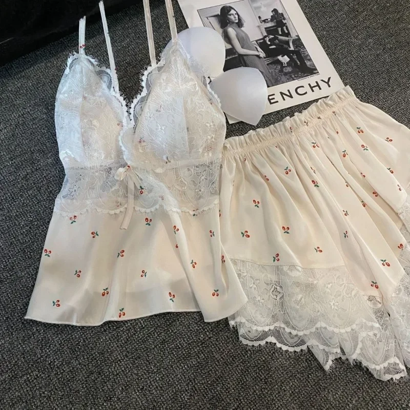 Lace Sexy Women's Pajamas Set Summer New with Chest Pads Ice Silk Suspenders Shorts Sleepwear Two-piece Women's Clothing