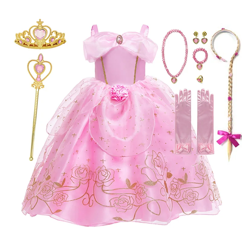 thumbnail image 1 of Vestido de princesa Aurora de Disney para niñas, traje de Cosplay de Bella Durmiente, vestido de tirantes con estampado Floral de rosa, vestido elegante para niños, Verano, 1 of 5