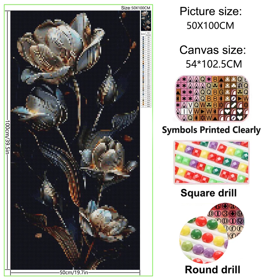 ファンタジーのダイヤモンド絵画,大きなサイズ,青と金の花,正方形と