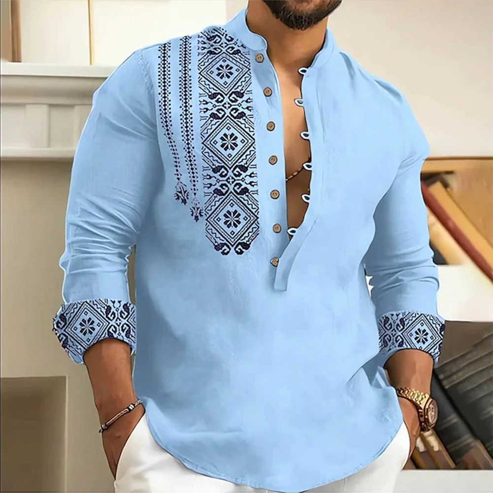 

Men Long Sleeve Button-Down Shirt Blouse Loose Henley V-Neck Beach Tops T Shirts Cotton Solid Color Breathable Male Cardigan