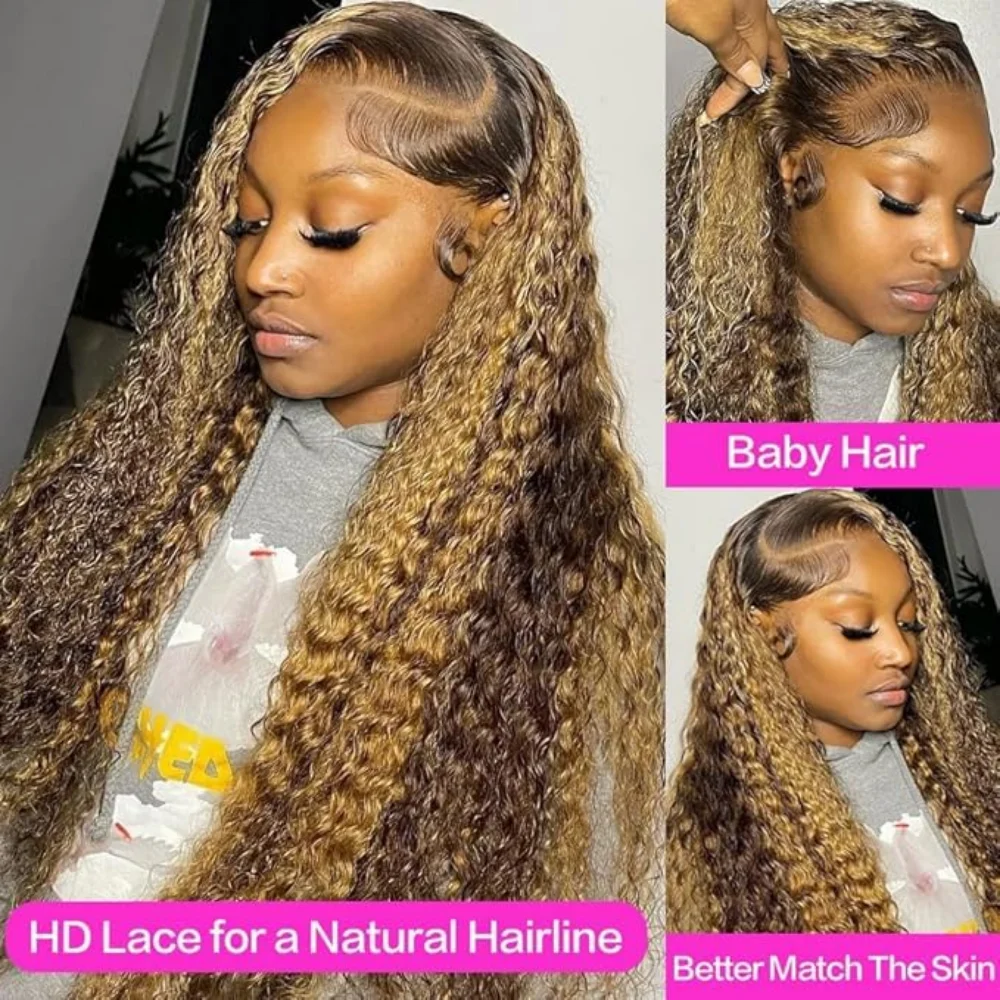 Highlight Curly Wig 13x4 Lace Front Human Hair Wigs For Women Glueless HD Deep Wave Lace Frontal Pre Plucked Wig 4/27 Colored 4