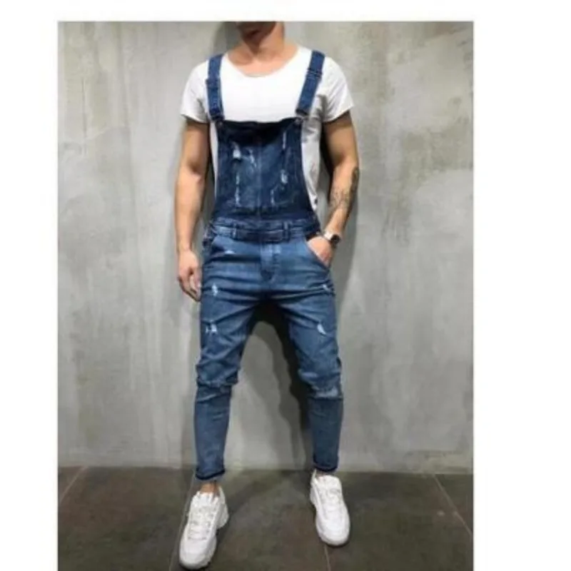 Spring Summer Men's Suspender Denim Jumpsuit Solid Color Fashion Jeans Pants Shorts 2