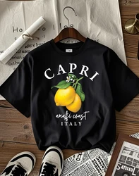 Italian Lemon Print Women's Cotton T - Shirt - O - Neck Short Sleeve Trendy Loose Streetwear Summer Top - XXXL (Black)