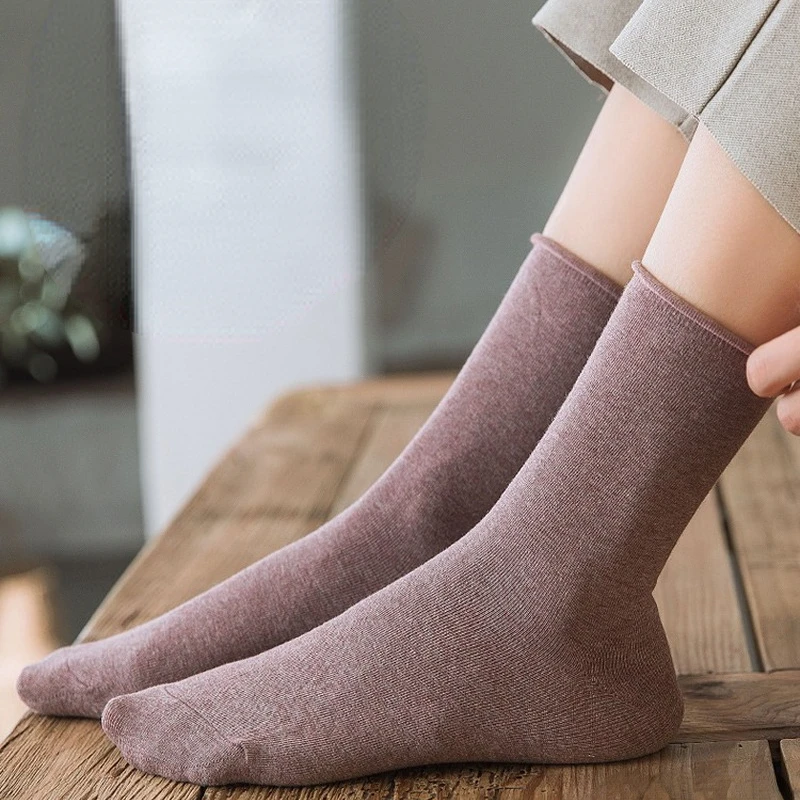 Women Mid-tube Curling Socks Japanese Harajuku Four Seasons Curling Cotton Socks Color Random 5 Pairs