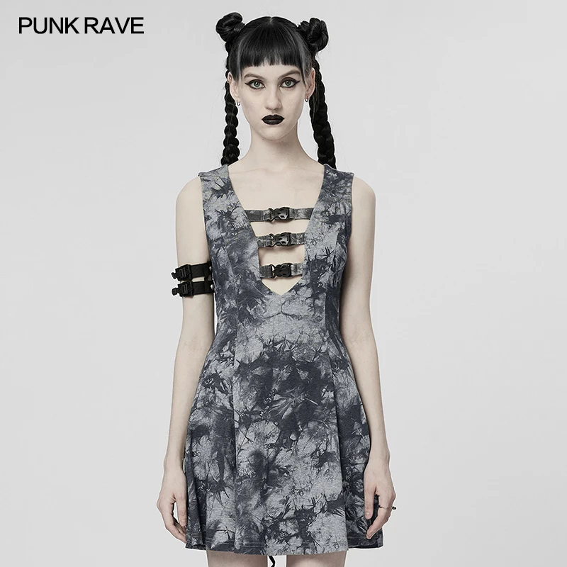 

PUNK RAVE Women A-shaped Dress Sleeveless Low Neck Print Dress Personality Sexy Short Summer Dresses