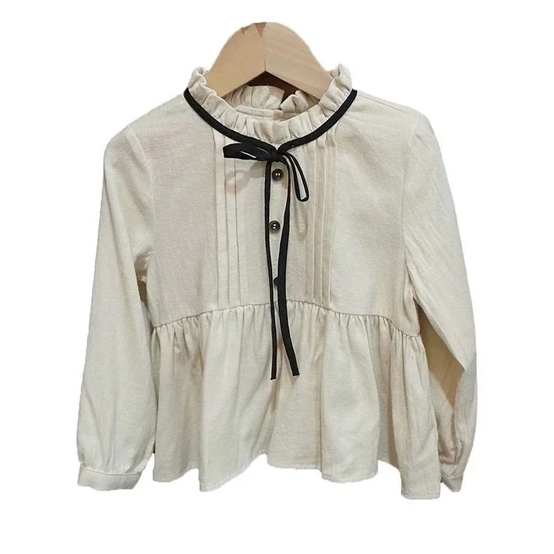 Girls' White Shirt Casual British Top Long Sleeve Lace Neck Shirt Baby Girl Autumn Children's Versatile Solid Color Top