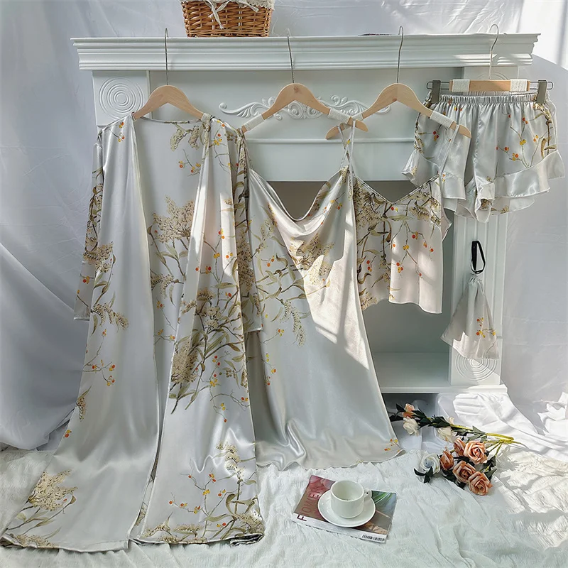 Elegant Print Flower Pajamas 5 Piece Set Women Casual Kimono Bathrobe Gown Sexy Silky Rayon Nightgown Loose Home Clothes