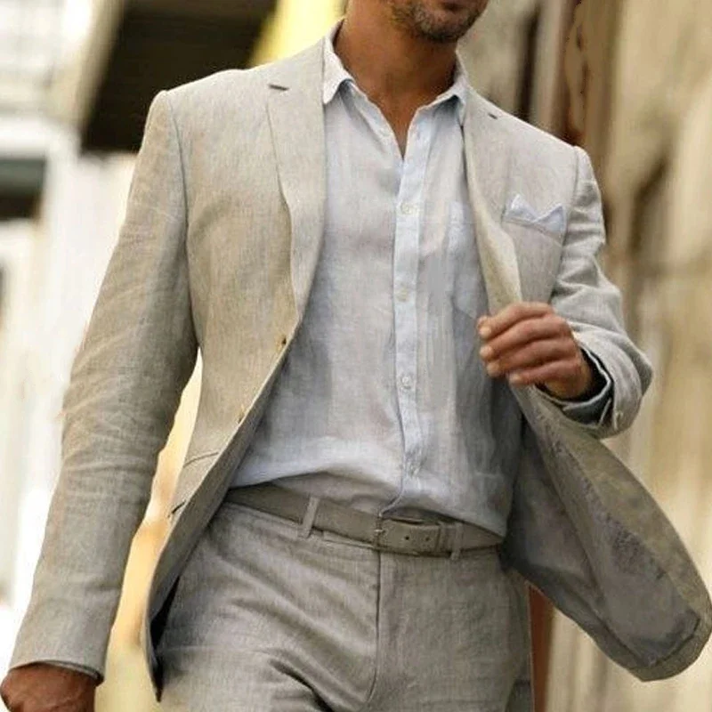 2024 Fashion Summer Linen Grey Men Suits Casual Slim Fit Blazer Hombre High Quality Custom 2 Piece Set Jacket Pant Costume Homme