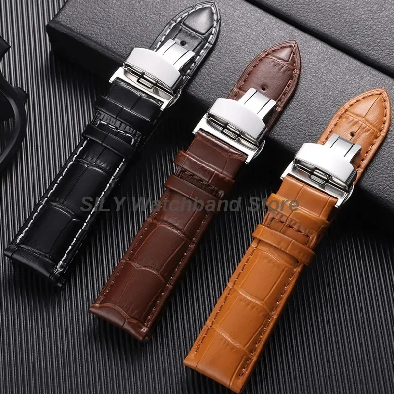 Elegant Leather Cowhide Watch Band with Butterfly Buckle - Business Bracelet Style