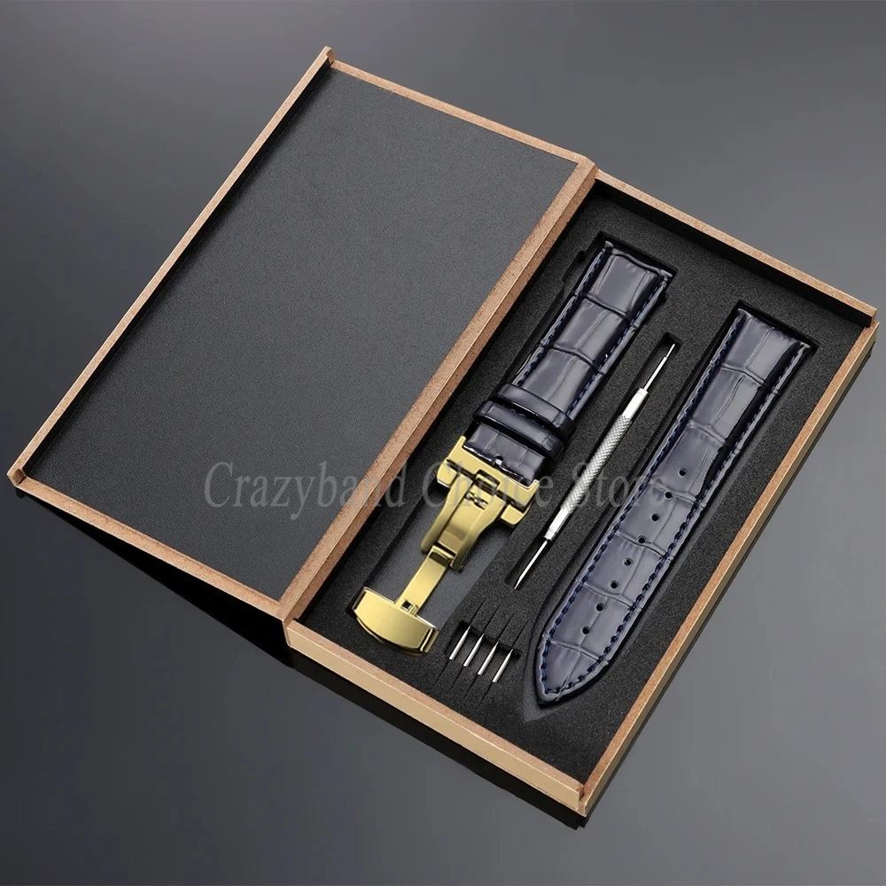 Elegant Leather Watch Strap with Metal Butterfly Clasp and Wooden Box (14mm-22mm)