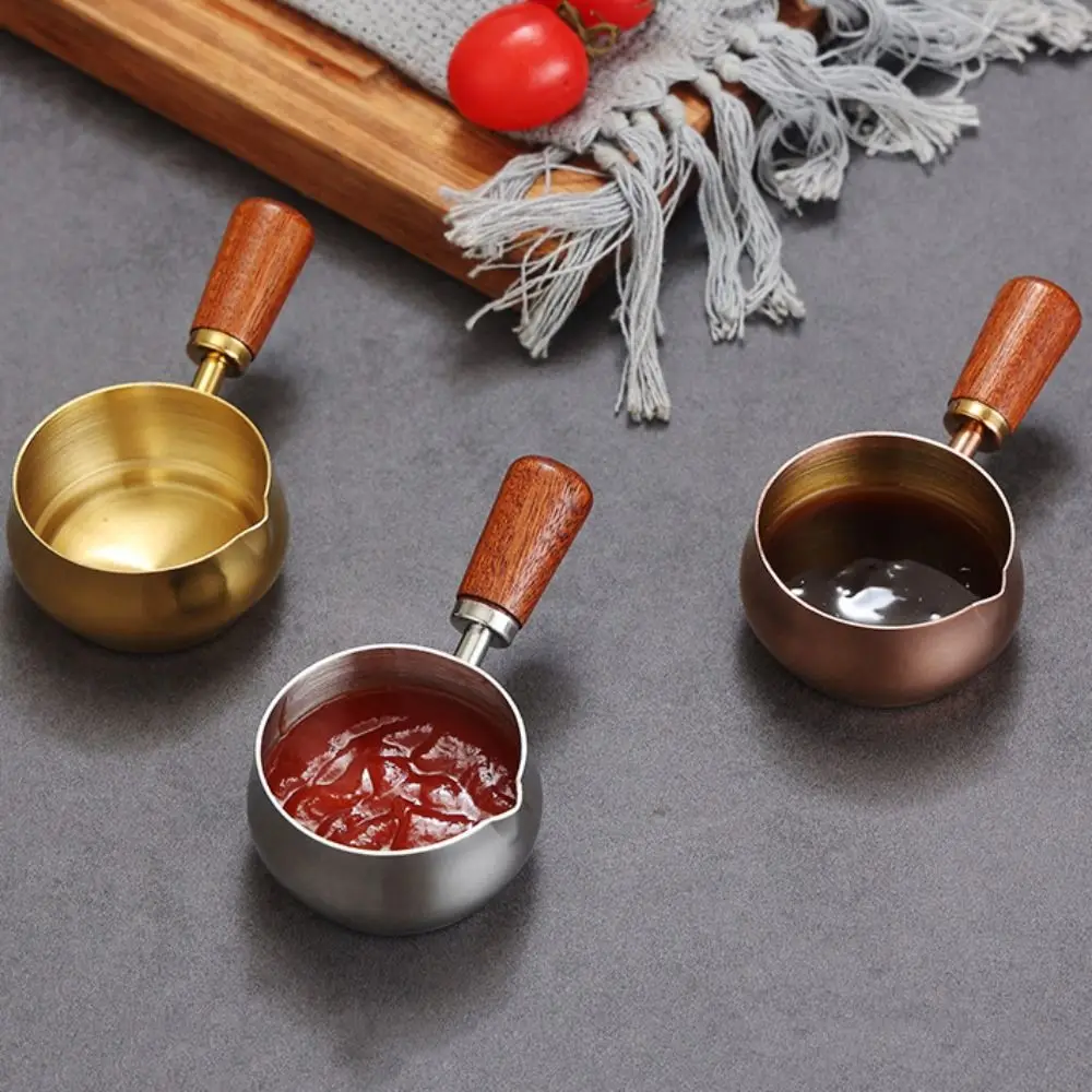304 Stainless Steel Sauce Pan Wooden Handle 60ml/120ml/180ml Seasoning Cup Reusable Measuring Spoon Steak