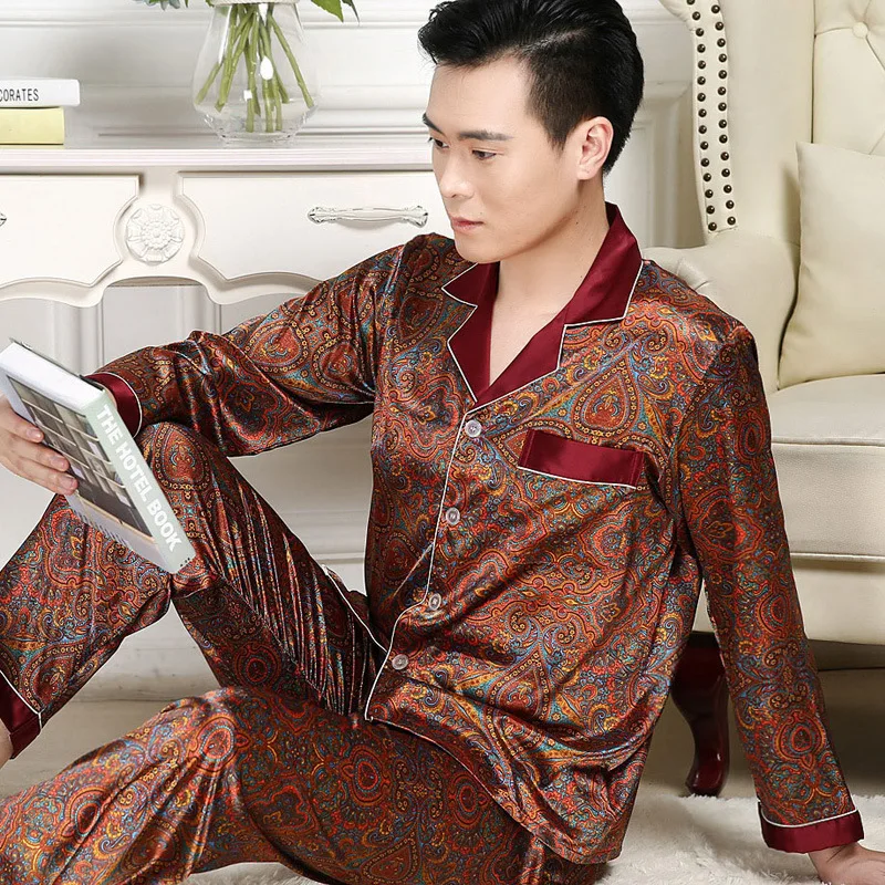 Ice Silk Sleepwear Men Long Sleeve Pajama Sets Cardigan Print Silk Nightwear Loungewear Sets Luxury Brand Clothing Lounge Set