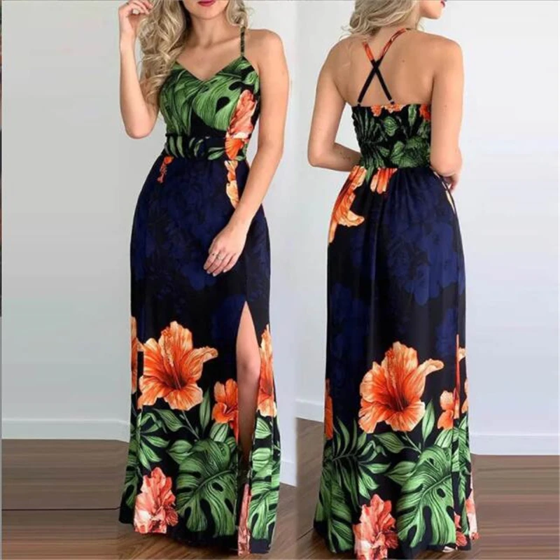 

Женское летнее платье с v-образным вырезом, темно-синее платье-комбинация с цветочным принтом и разрезом