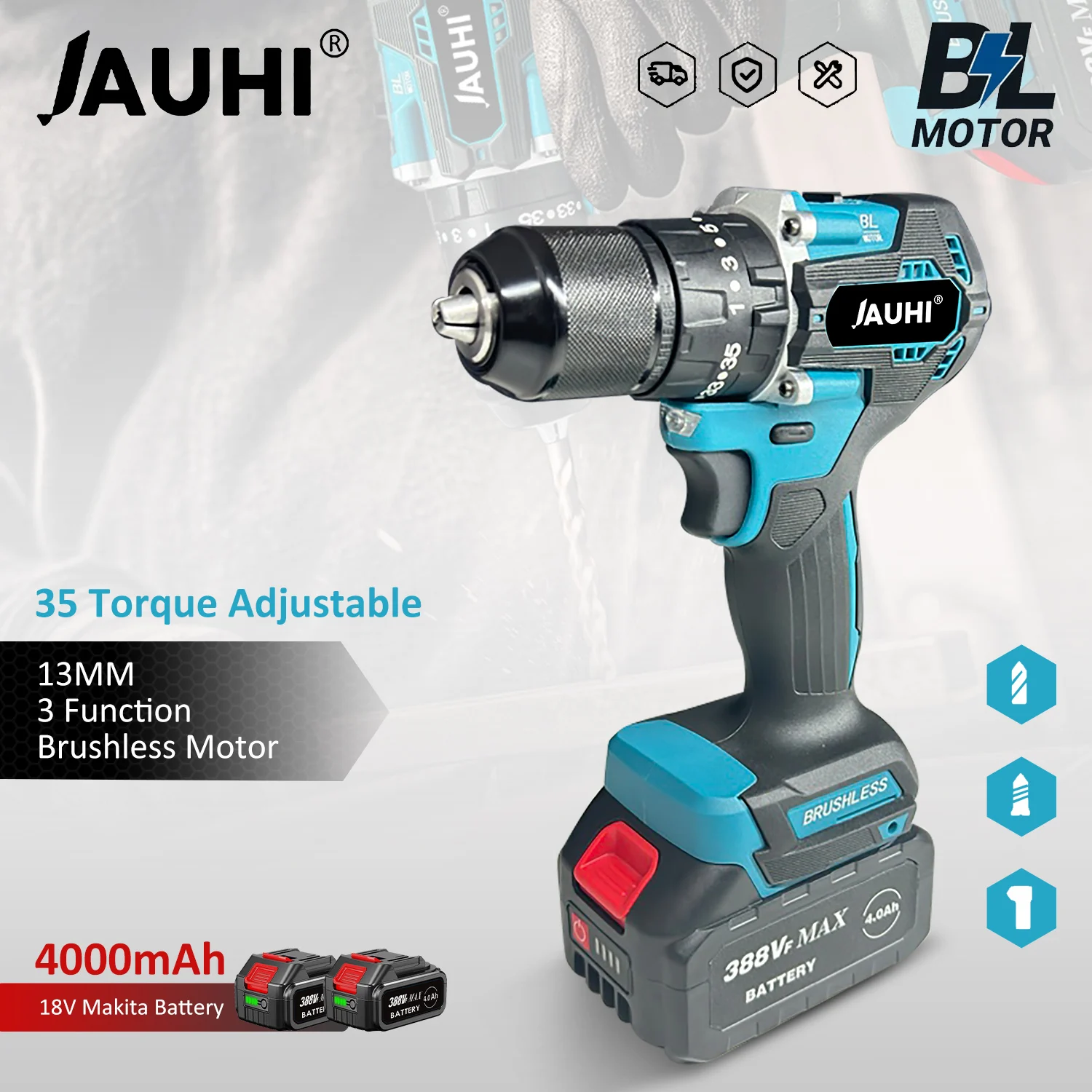 JAHUI 13mm 125N.m cordless Brushless Electric Impact Drill 35+3 Torque Electric Screwdriver For Makita 18V Battery Power Tools