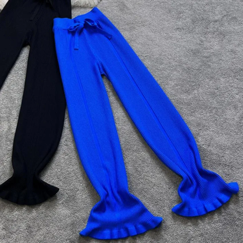 

Autum Winter Fashion Knitted Sweater Trousers Women Elastic Waist Loose Wide Leg Pants