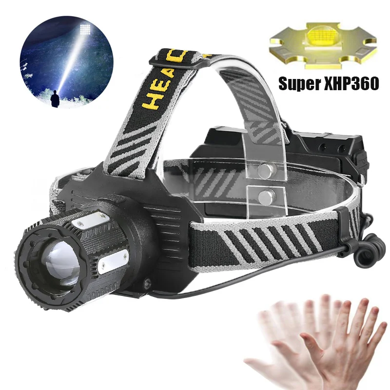 

XHP360 LED Headlamp Zoomable Sensor Headlight USB Rechargeable Head Flashlight Outdoor Waterproof Fishing Emergency Power Bank