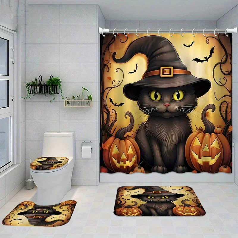 할로윈 고양이와 호박 샤워 커튼 세트 (12개 후크 포함) - 폴리에스터 직물, 방..