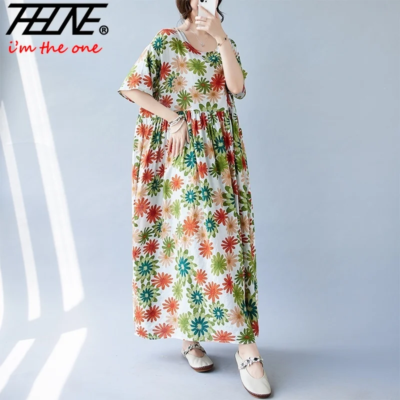 

Dresses for Women Loose Vestido Feminino Robe Floral Cotton Linen Casual Print Beach Style Bohemian Long Maxi Dress Plus Size