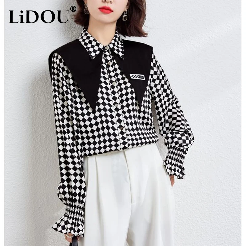 Spring Autumn New Long Sleeve Fashion Plaid Shirt Women High Street Casual Loose Button Contrast Color Cardigan Cute Elegant Top