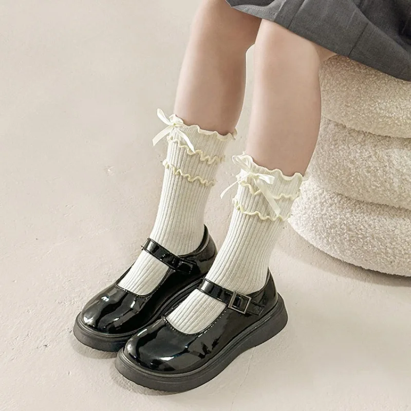 Girls Sweet Cute Ruffle Lace Bows Socks Korean Princess Socks for Children White Black Bow Toddler Cotton Lolita Ankle Socks
