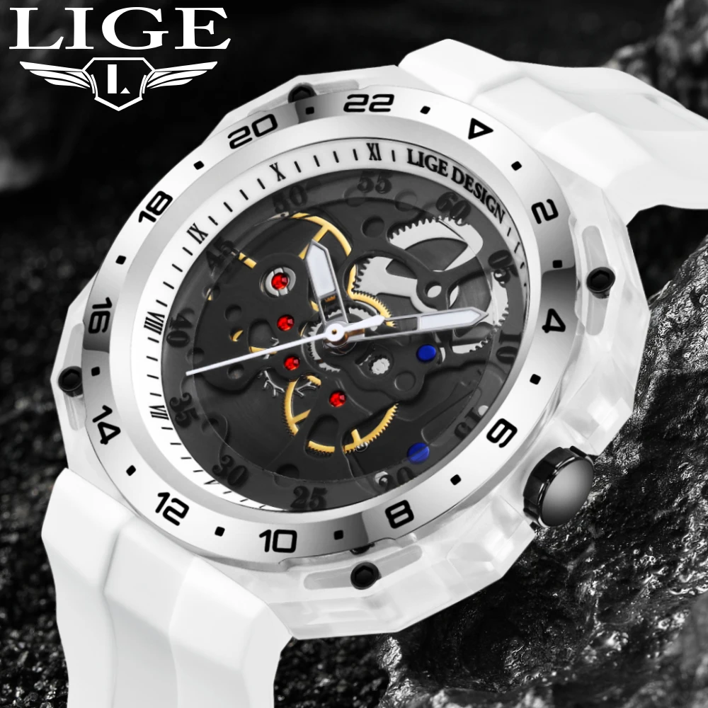 

LIGE Mens Watch Quartz Top Luxury Stainless Steel Wristwatch 30M Waterproof Fashion Skeleton Dial Clock Watch for Man Silicone