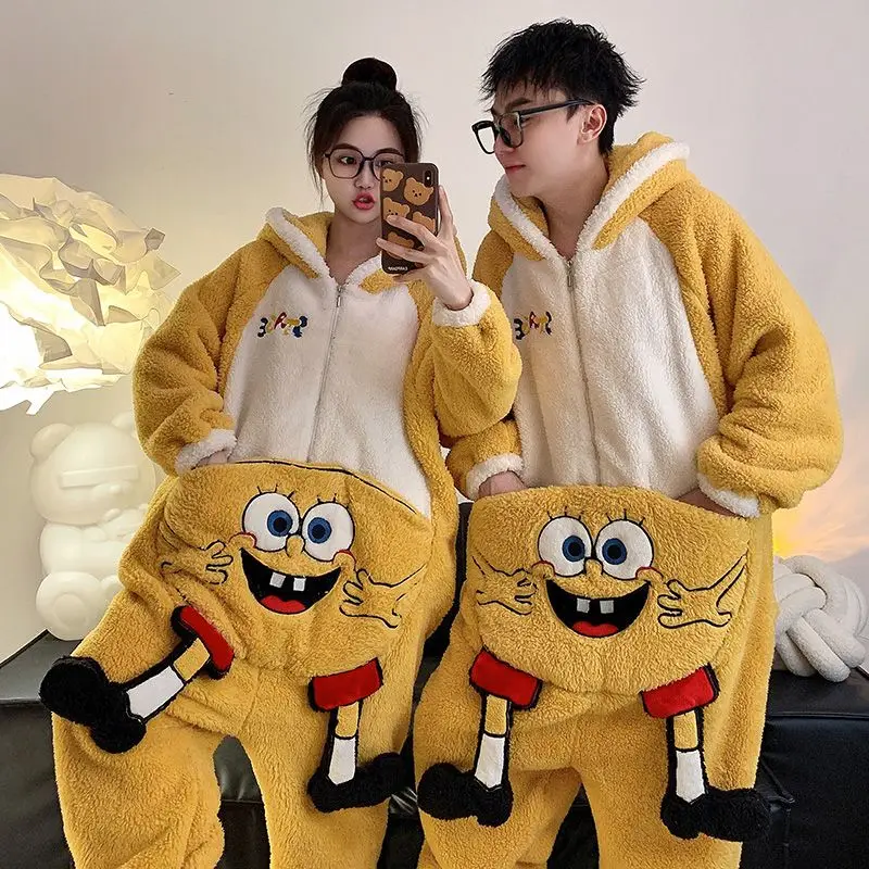 

Nice Looks One Piece Lovers Pajamas Spongebob Squarepants Kuromi Doraemon Kawaii Winter Thickened Flange Coral Velvet Home Suit
