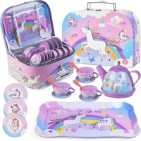 WizKidz Unicorn Tea Party Set for Little Girls Pretend Purple Tin Teapot Cups Plates Carrying Case Birthday Gift for Kids Age 3+ 1