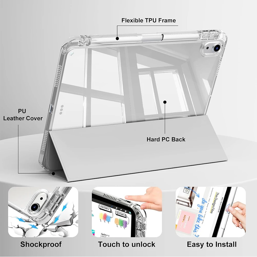 Crystal Clear Protective Case with Pencil Slot and Auto Sleep Wake Feature
