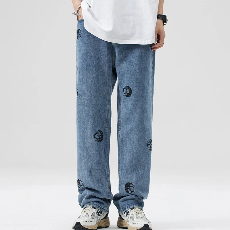 

TFETTERS 2023 Men Baggy Jeans Blue Summer Moon Print Retro Mid Rise Solid Color Men Jeans High Street Men Clothes